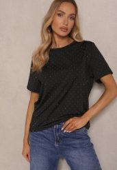 Czarny T-shirt z Wiskozą Ozdobiony Cyrkoniami Sanelisea. Czarne t-shirty damskie Renee, l, bez wzorów, z jeansu, bez kołnierzyka, bez ramiączek. Za 74.99 zł.