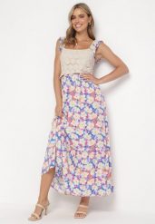 Niebieska Rozkloszowana Sukienka Maxi z Wiskozy w Kwiatowy Print Jamiliana. Niebieskie sukienki damskie Born2be, m, bez wzorów, z wiskozy, bez kołnierzyka, bez ramiączek, maxi, rozkloszowane. Za 89.99 zł.