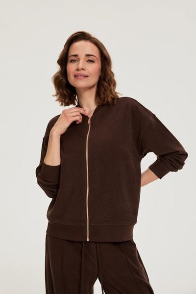 Rozpinana bluza brązowa. Brązowe bluzy damskie MOODO, l, bez wzorów, z elastanu, bez ramiączek, bez kaptura. Za 139.99 zł.
