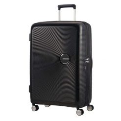 Walizka turystyczna Soundbox Spinner 77 TSA EXP 97L. Czarne walizki damskie American Tourister, bez wzorów. Za 899.99 zł.