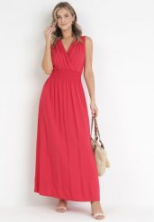 Bordowa Sukienka Clymiolea. Czerwone sukienki damskie Born2be, m, bez wzorów, z tkaniny, eleganckie, bez kołnierzyka, bez ramiączek, maxi, kopertowe. Za 54.99 zł.
