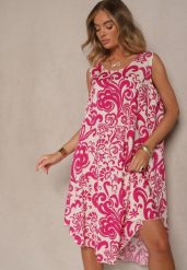 Fuksjowa Sukienka z Bawełny z Motywem Paisley Zivanae. Czerwone sukienki damskie Renee, na co dzień, na lato, l, bez wzorów, z bawełny, eleganckie, bez kołnierzyka, bez ramiączek, midi, proste. Za 49.99 zł.