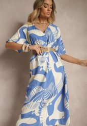 Niebieska Pudełkowa Sukienka w Abstrakcyjny Wzór z Dekoltem w Kształcie Litery V Sallinori. Niebieskie sukienki damskie Renee, plus size, bez wzorów, eleganckie, bez kołnierzyka, plus size, bez ramiączek, midi. Za 49.99 zł.