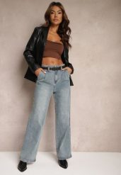 Jasnoniebieskie Bawełniane Szerokie Jeansy High Waist Ozdobione Paskiem Terilainas. Niebieskie jeansy damskie Renee, bez wzorów, z bawełny, biznesowe, z podwyższonym stanem, długie. Za 119.99 zł.