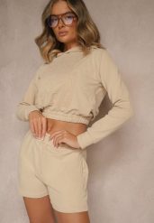 Beżowy Komplet z Bawełny w Sportowym Stylu Bluza z Kapturem i Szorty Izurea. Brązowe bluzy damskie Renee, na lato, bez wzorów, z bawełny, klasyczne, bez ramiączek, z kapturem. Za 89.99 zł.