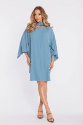 Elegancka trapezowa sukienka oversize błękit. Niebieskie sukienki damskie MOE, na co dzień, s, bez wzorów, z materiału, eleganckie, bez kołnierzyka, bez ramiączek, oversize. Za 349.00 zł.