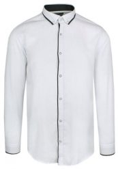 Koszula Męska Biała z Czarną Lamówką -RIGON- Krój TALIOWANY, Długi Rękaw, Slim Fit. Białe koszule męskie Rigon, m, bez wzorów, z bawełny, biznesowe, bez kołnierzyka, bez ramiączek. Za 99.00 zł.