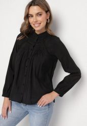 Czarna Koszula z Ozdobnym Haftem Nanania. Czarne koszule damskie Born2be, l, bez wzorów, z jeansu, eleganckie, bez kołnierzyka, bez ramiączek. Za 129.99 zł.