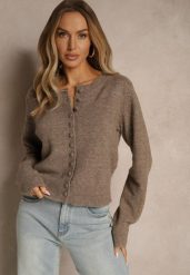 Beżowy Rozpinany Kardigan z Wełną Kornelira. Brązowe kardigany damskie Renee, bez wzorów, z jeansu, eleganckie, bez kołnierzyka. Za 139.99 zł.