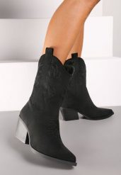 Czarne Botki na Stożu w Stylu Kowbojek Arfelia. Czarne botki damskie Renee, bez wzorów, z jeansu, eleganckie, bez obcasa, na obcasie, bez zapięcia. Za 129.99 zł.