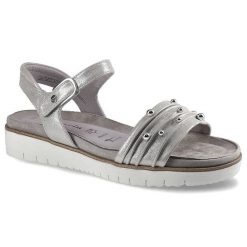 Srebrne Sandały Tamaris Damskie Modne Buty. Szare sandały damskie Tamaris, bez wzorów, ze skóry, bez obcasa, bez zapięcia. Za 199.00 zł.