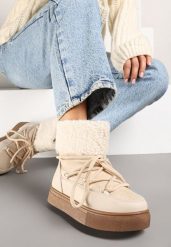 Beżowe Śniegowce Futerkowe na Platformie ze Sznurowaną Cholewką Izalithia. Brązowe śniegowce damskie Renee, z futra, bez zapięcia. Za 99.99 zł.