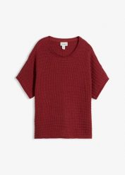 Lekki sweter ażurowy z domieszką lnu. Czerwone swetry nierozpinane damskie bonprix, w ażurowe wzory, bez kołnierzyka, bez ramiączek. Za 79.99 zł.