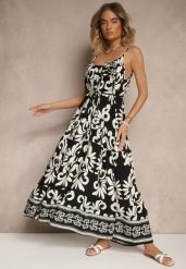 Czarno-Biała Rozkloszowana Sukienka z Wiskozy Zdobiona Broszką i Wiązaniem Marionela. Czarne sukienki damskie Renee, na co dzień, l, z aplikacjami, z wiskozy, eleganckie, bez kołnierzyka, bez ramiączek, midi, rozkloszowane. Za 54.99 zł.