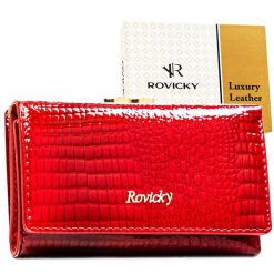 Średni portfel damski ze skóry naturalnej w czerwonym kolorze zamykany na bigiel i zatrzask RH-23-1-RS Rovicky. Czerwone portfele damskie ROVICKY, z lakierowanej skóry. Za 99.00 zł.