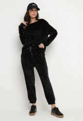 Czarny Welurowy Komplet Dresowy Bluza i Spodnie Typu Jogger Lisilwena. Czarne bluzy damskie Born2be, l, bez wzorów, z dresówki, eleganckie, bez ramiączek, bez kaptura. Za 89.99 zł.