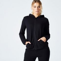Bluza na zamek damska Domyos Gym & Pilates 100. Czarne bluzy damskie DOMYOS, s, bez wzorów, z bawełny, klasyczne, bez ramiączek, bez kaptura. Za 69.99 zł.