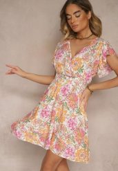 Pomarańczowa Kwiatowa Kopertowa Sukienka z Bawełny Ulosiana. Brązowe sukienki damskie Renee, na co dzień, l, bez wzorów, z bawełny, eleganckie, bez kołnierzyka, bez ramiączek, mini, kopertowe. Za 39.99 zł.
