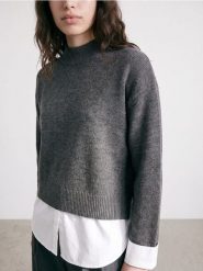 Sweter z koszulową wstawką - szary. Szare swetry nierozpinane damskie Sinsay, l, bez wzorów, bez kołnierzyka, bez ramiączek. Za 69.99 zł.