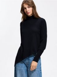 Sweter z asymetrycznym dołem - czarny. Czarne swetry nierozpinane damskie Reserved, l, bez wzorów, z dzianiny, z asymetrycznym kołnierzem, bez ramiączek. Za 109.99 zł.