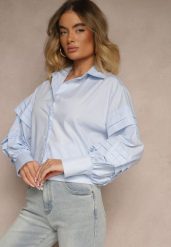 Jasnoniebieska Koszula z Bawełną i Szerokimi Rękawami Edioniela. Niebieskie koszule damskie Renee, m, bez wzorów, z bawełny, eleganckie, bez kołnierzyka, bez ramiączek. Za 79.99 zł.