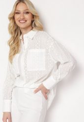 Biała Wiskozowa Koszula w Ażurowy Wzór Asaimes. Białe koszule damskie Born2be, l, w ażurowe wzory, z wiskozy, bez kołnierzyka, bez ramiączek. Za 129.99 zł.