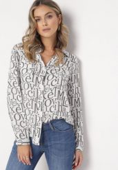 Biała Wiskozowa Koszula w Modny Print z Długim Rękawem Mustacie. Białe koszule damskie Born2be, l, bez wzorów, z wiskozy, klasyczne, bez kołnierzyka, bez ramiączek. Za 54.99 zł.
