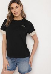 Czarny T-shirt z Bawełny Zdobiony Koronką z Cekinami Pollea. Czarne t-shirty damskie Born2be, l, z aplikacjami, z bawełny, klasyczne, bez kołnierzyka, bez ramiączek. Za 49.99 zł.