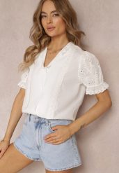 Biała Koszula z Bufiastymi Rękawami i Koronkowymi Wstawkami Rathima. Białe koszule damskie Renee, l, w ażurowe wzory, z koronki, bez kołnierzyka, bez ramiączek. Za 89.99 zł.