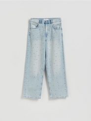 Jeansy baggy z kryształkami - niebieski. Niebieskie jeansy damskie Reserved, bez wzorów, z bawełny. Za 199.99 zł.