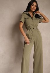 Ciemnozielony Kombinezon Wide Leg z Kołnierzykiem Suwakiem i Krótkim Rękawem Jenaralitia. Zielone sukienki damskie Renee, na co dzień, m, bez wzorów, eleganckie, bez kołnierzyka, bez ramiączek, mini, kopertowe. Za 129.99 zł.