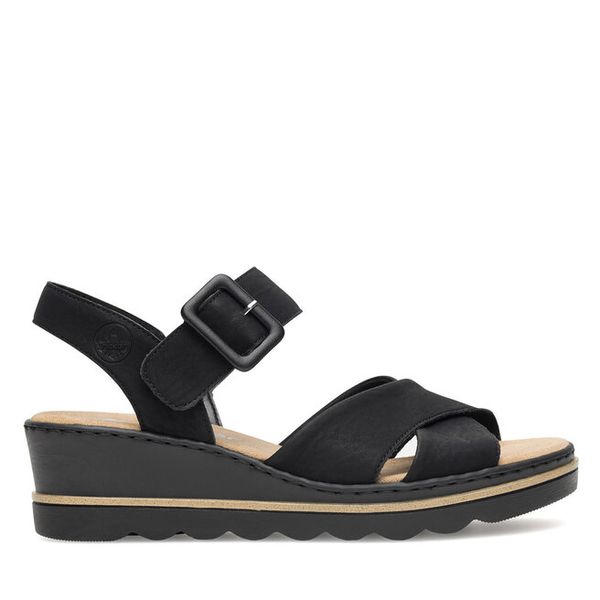 Sandały Rieker. Czarne sandały damskie Rieker, bez wzorów, bez obcasa, na koturnie, bez zapięcia. Za 224.99 zł.