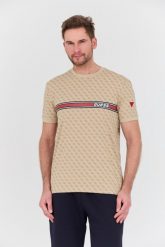 GUESS Beżowy t-shirt Jamey. Brązowe t-shirty męskie Guess, l, z aplikacjami, bez kołnierzyka, bez ramiączek. W wyprzedaży za 132.99 zł.