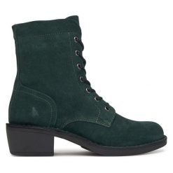 Botki Fly London. Zielone botki damskie Fly London, bez wzorów, bez obcasa, na słupku, bez zapięcia. Za 749.99 zł.
