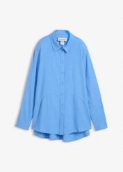 Bluzka oversize z mieszanki lnu. Białe bluzki damskie bonprix, bez wzorów, bez kołnierzyka, bez ramiączek. Za 149.99 zł.