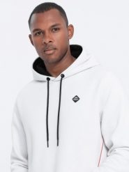 Bluza męska z kapturem z kieszenią na zamek - biała V3 - Rozmiar: XXL. Białe bluzy męskie Ombre Clothing, l, bez wzorów, z bawełny, bez ramiączek, z kapturem. W wyprzedaży za 69.99 zł.