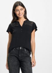 T-shirt z dekoltem henley z mieszanki wiskozy. Czarne t-shirty damskie bonprix, bez wzorów, z koronki, bez kołnierzyka, bez ramiączek. Za 64.99 zł.