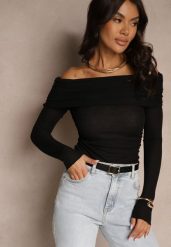 Czarna Bluzka Hiszpanka z Wiskozą z Prążkowanego Materiału Sesarose. Czarne bluzki damskie Renee, m, bez wzorów, z jeansu, eleganckie, bez kołnierzyka, bez ramiączek. Za 49.99 zł.