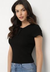 Czarny T-shirt Bawełniany w Prążki z Guzikami Balirea. Czarne t-shirty damskie Born2be, m, bez wzorów, z bawełny, eleganckie, bez kołnierzyka, bez ramiączek. Za 39.99 zł.