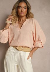 Beżowa Bluzka z Bawełny z Dekoltem w Kształcie Litery V i Kwiatowym Haftem Lisorella. Brązowe bluzki damskie Renee, l, bez wzorów, z bawełny, eleganckie, bez kołnierzyka, bez ramiączek. Za 59.99 zł.