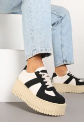 Czarno-Beżowe Sneakersy Typu Tenisówki na Żłobionej Platformie Lorreia. Czarne trampki i tenisówki damskie Renee, bez wzorów, z jeansu, bez zapięcia. Za 89.99 zł.