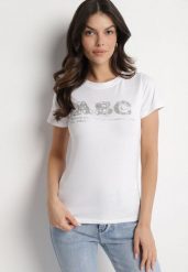 Biały T-shirt Bawełniany z Naszywką i Cekinami Olisaria. Białe t-shirty damskie Born2be, m, z aplikacjami, z bawełny, klasyczne, bez kołnierzyka, bez ramiączek. Za 34.99 zł.