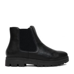 Botki Rieker. Czarne botki damskie Rieker, bez wzorów, bez obcasa, na płaskiej podeszwie, bez zapięcia. Za 369.99 zł.