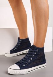 Granatowe Trampki z Wysoką Cholewką Ozdobione Perforacją Velagia. Niebieskie trampki i tenisówki damskie Born2be, bez wzorów, przed kolano, bez zapięcia. Za 19.99 zł.