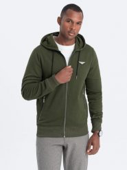 Bluza męska rozpinana z kapturem - oliwkowa V1. Zielone bluzy męskie Ombre Clothing, m, bez wzorów, z bawełny, bez ramiączek, z kapturem. W wyprzedaży za 69.99 zł.