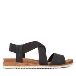Sandały Skechers. Czarne sandały damskie Skechers, bez wzorów, bez obcasa, na płaskiej podeszwie, bez zapięcia. Za 159.99 zł.