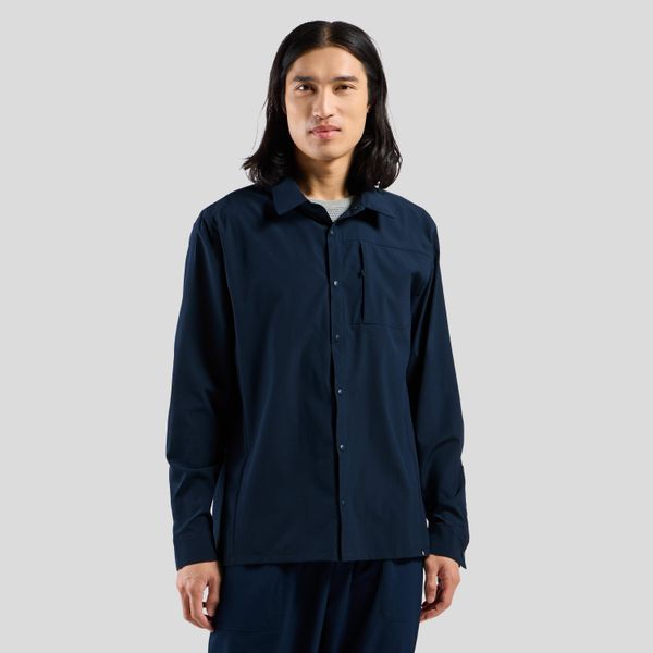 Koszula męska Odlo ESSENTIAL Shirt l/s. Niebieskie koszule męskie ODLO, na lato, l, bez wzorów, z materiału, klasyczne, bez kołnierzyka, bez ramiączek. Za 386.99 zł.