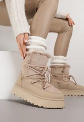 Ciemnobeżowe Śniegowce na Grubej Podeszwie z Futerkiem Alwedra. Brązowe śniegowce damskie Born2be, z jeansu, bez zapięcia. Za 119.99 zł.