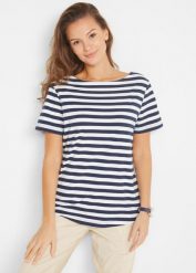 T-shirt z dekoltem łódką. Białe t-shirty damskie bonprix, bez wzorów, bez kołnierzyka, bez ramiączek. Za 62.99 zł.