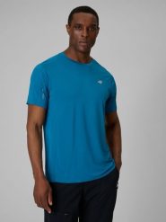 4F Koszulka trekkingowa regular szybkoschnąca męska - niebieska M. Niebieskie t-shirty męskie 4F, l, bez wzorów, z materiału, bez kołnierzyka, bez ramiączek. Za 119.99 zł.